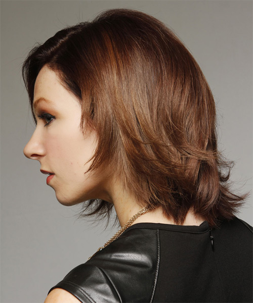 Flicked-Out Mid-Length Chocolate Brown Hairstyle - side on view