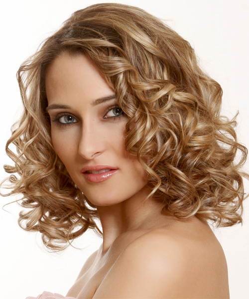 Medium Curly   Dark Golden Blonde  Hairstyle   with Light Blonde Highlights - side on view