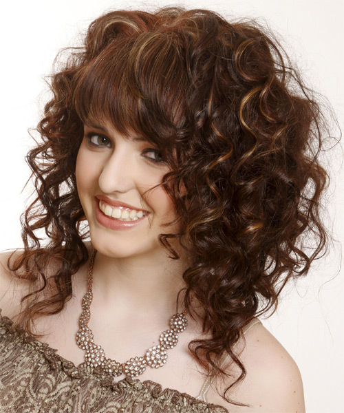 Medium Curly   Dark Mocha Brunette  Hairstyle with Asymmetrical Bangs  and Light Brunette Highlights - side on view