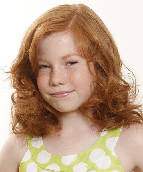 Medium Wavy   Light Copper Red  Hairstyle with Side Swept Bangs