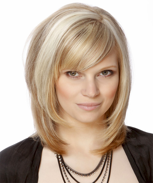 Medium Straight   Light Champagne Blonde  Hairstyle with Side Swept Bangs  and Light Blonde Highlights - side on view