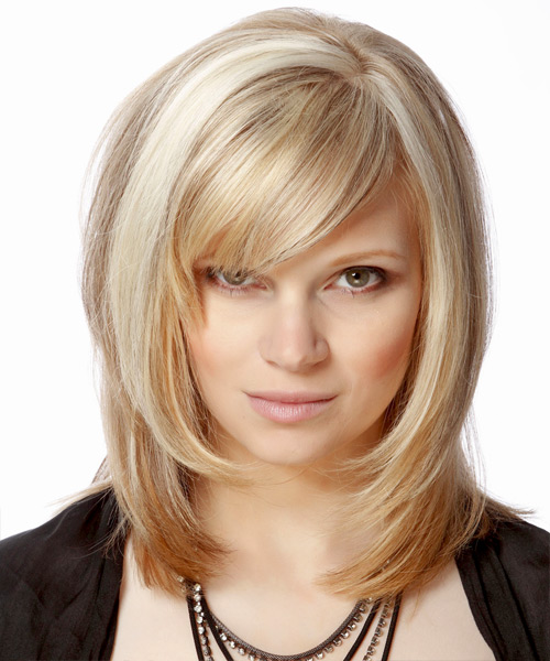 Medium Straight   Light Champagne Blonde  Hairstyle with Side Swept Bangs  and Light Blonde Highlights