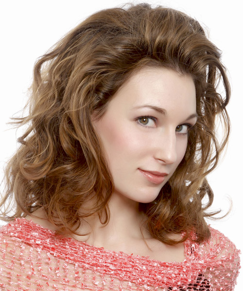 Medium Wavy   Light Caramel Brunette  Hairstyle - side on view