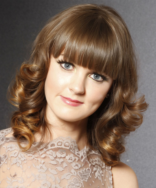 Medium Curly    Caramel Brunette  Hairstyle with Blunt Cut Bangs