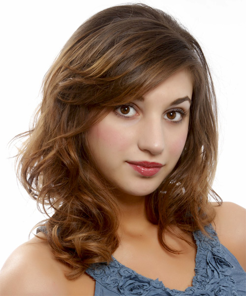 Medium Wavy    Chestnut Brunette  Hairstyle with Side Swept Bangs  and Light Brunette Highlights - side on view