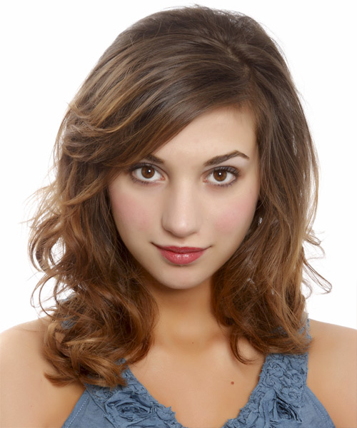 Medium Wavy    Chestnut Brunette  Hairstyle with Side Swept Bangs  and Light Brunette Highlights
