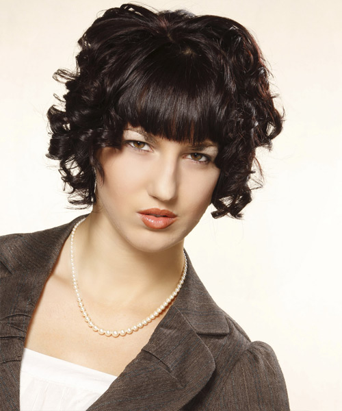 Short Mocha Brown Hairstyle With Curls And Blunt Cut Bangs