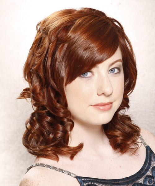 Medium Curly   Copper  Hairstyle with Side Swept Bangs - side view