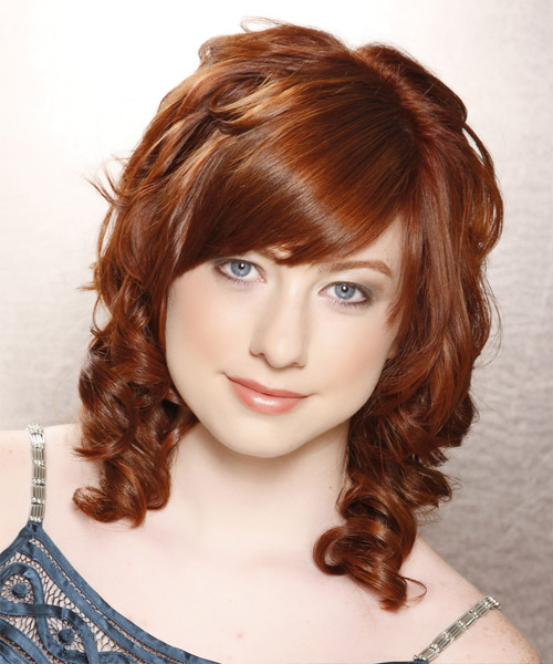 Medium Curly   Copper  Hairstyle with Side Swept Bangs