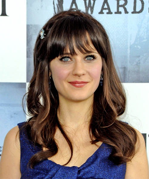 Zooey Deschanel Long Wavy   Dark Brunette   Hairstyle with Blunt Cut Bangs