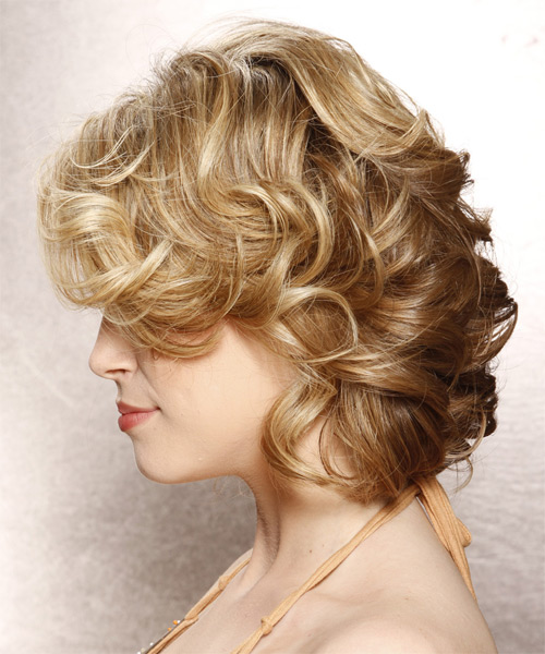 Medium Curly    Blonde  Hairstyle with Side Swept Bangs  and Light Blonde Highlights - side on view