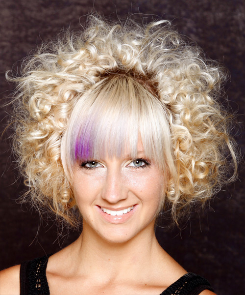 Short Voluminous Hairstyle With Tight Curls And Straight Fringe