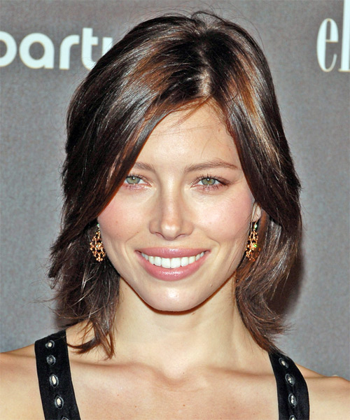 Jessica Biel Medium Straight     Hairstyle with Side Swept Bangs
