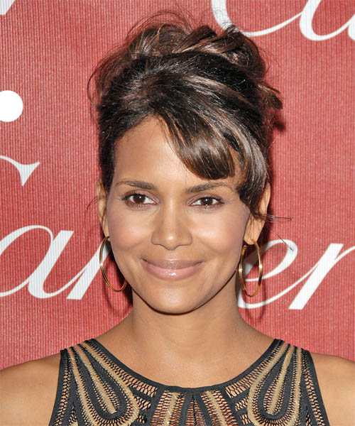 Halle Berry  Long Curly    Updo Hairstyle with Side Swept Bangs