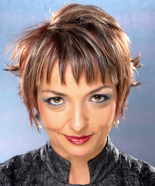Short Brunette And Light Blonde Two-Tone Hairstyle With Layered Bangs