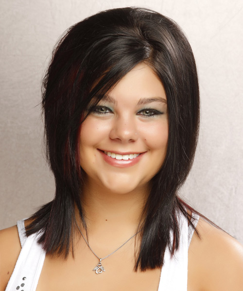 Medium Straight   Black Mocha   Hairstyle with Side Swept Bangs