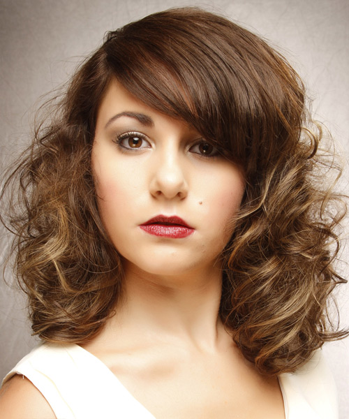 Medium Curly   Light Brunette  Hairstyle with Side Swept Bangs  and Light Blonde Highlights