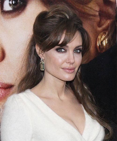 Angelina Jolie  Long Straight    Brunette  Half Up Half Down Hairstyle with Side Swept Bangs - side view