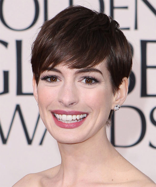 Anne Hathaway   Layered  Dark Mocha Brunette Pixie  Haircut with Side Swept Bangs