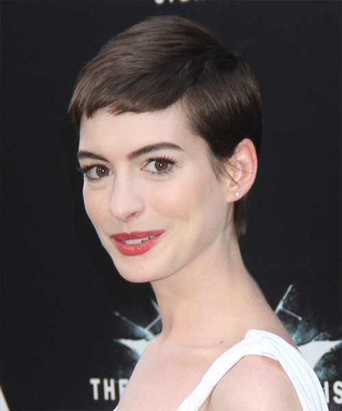 Anne Hathaway   Layered  Dark Mocha Brunette Pixie  Haircut with Side Swept Bangs - side view