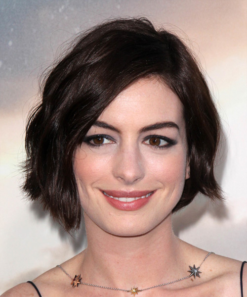 Anne Hathaway Short Straight   Dark Chocolate Brunette   Hairstyle with Side Swept Bangs