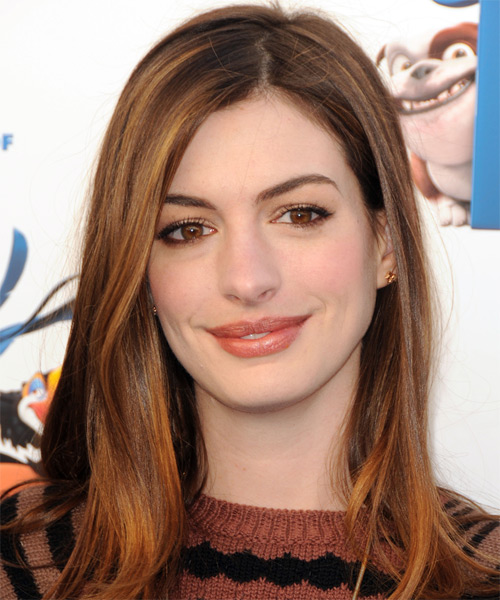 Anne Hathaway Long Straight    Auburn Brunette   Hairstyle   with  Red Highlights