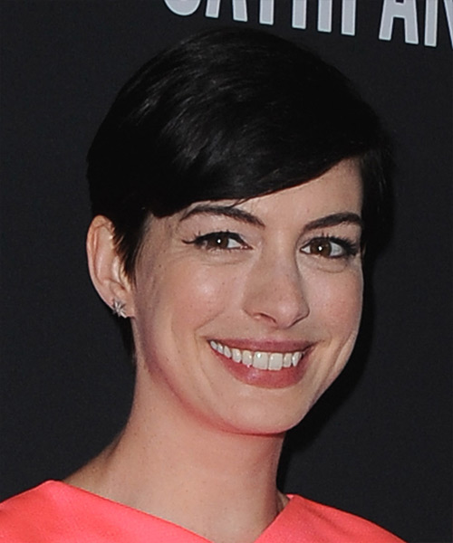 Anne Hathaway Short Straight   Black    Hairstyle with Side Swept Bangs - side view