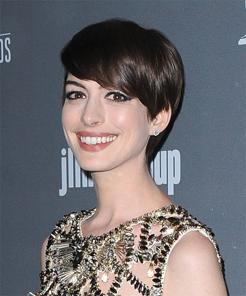 Anne Hathaway Short Straight   Dark Brunette   Hairstyle - side on view
