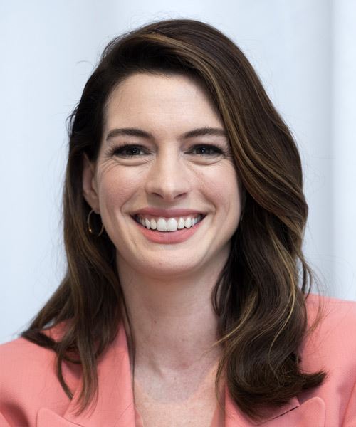 Anne Hathaway Long Straight   Dark Brunette   Hairstyle with Side Swept Bangs  and Light Brunette Highlights