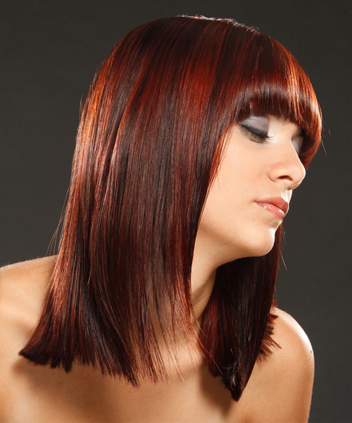 Medium Straight   Dark Red  Hairstyle with Blunt Cut Bangs  and Dark Red Highlights - side view