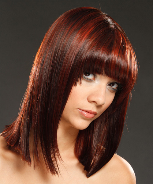 Medium Straight   Dark Red  Hairstyle with Blunt Cut Bangs  and Dark Red Highlights - side on view