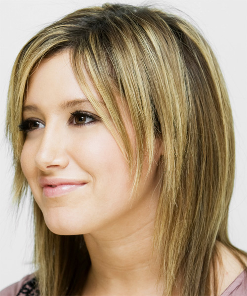 Ashley Tisdale Long Straight    Ash Blonde   Hairstyle with Side Swept Bangs - side on view