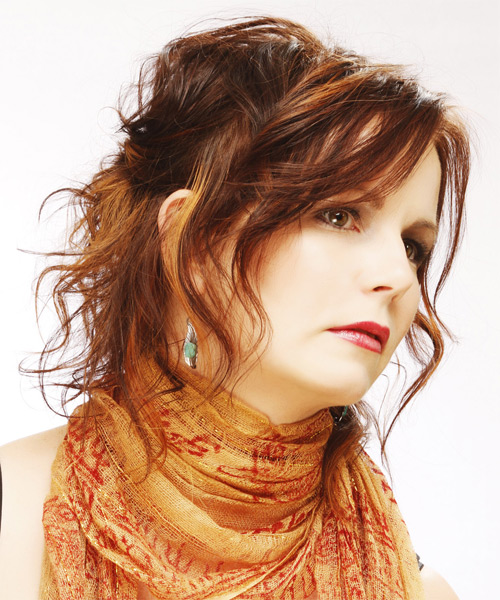 Medium Curly    Auburn Brunette Half Up Half Down Hairstyle   with  Red Highlights - side on view