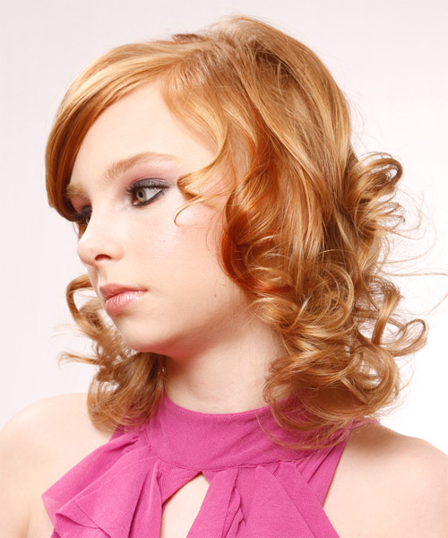 Medium Curly   Light Ginger Red  Hairstyle with Side Swept Bangs  and  Red Highlights - side on view