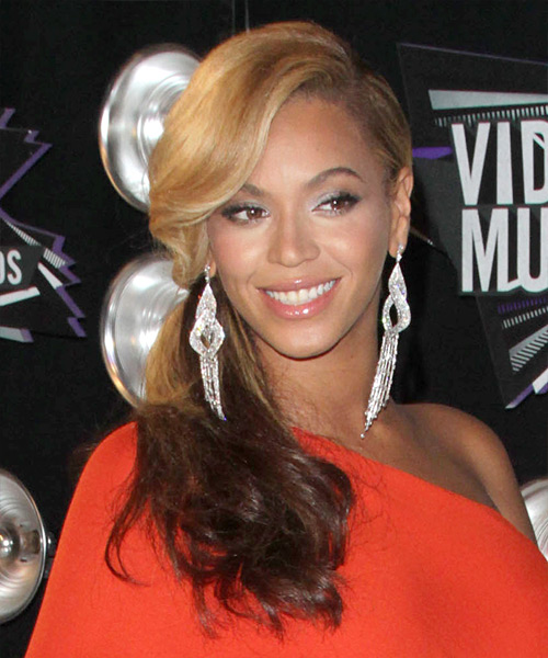Beyonce Knowles  Long Curly    Blonde and  Brunette Two-Tone  Half Up Half Down Hairstyle