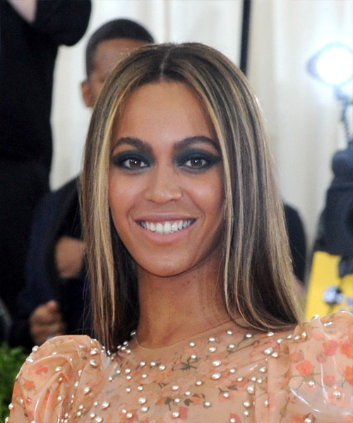 Beyonce Long Straight   Black    Hairstyle   with  Blonde Highlights