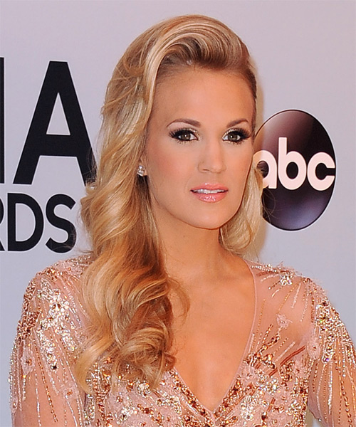 Carrie Underwood Long Wavy    Honey Blonde   Hairstyle   with Light Blonde Highlights - side on view