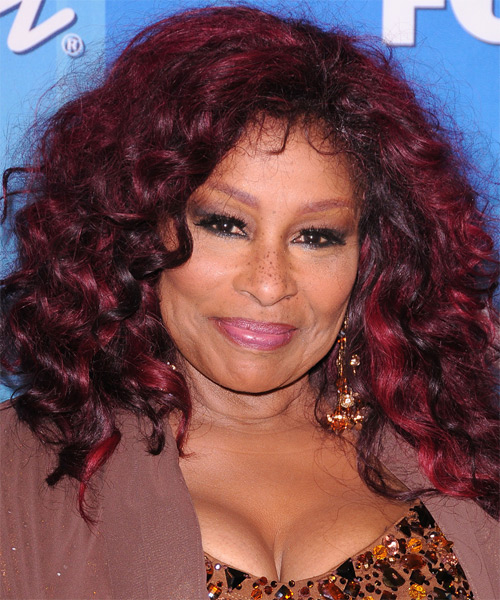 Chaka Khan Long Curly   Dark Plum Red  Hairstyle   with Light Red Highlights