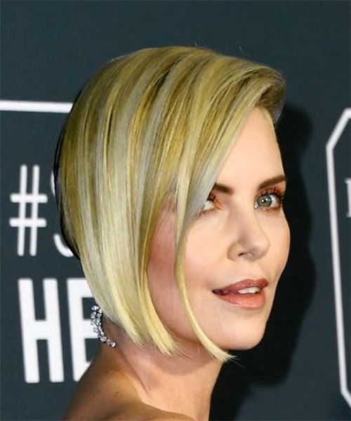 Charlize Theron Short Straight    Platinum Blonde Bob Half Up Half Down Haircut with Side Swept Bangs - side on view