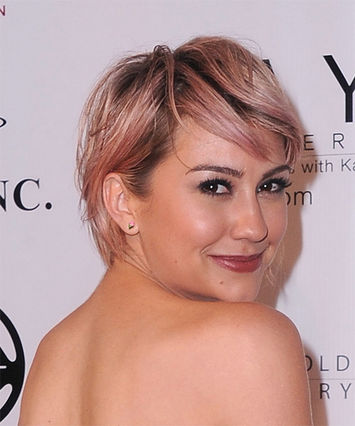 Chelsea Kane Short Straight   Pink    Hairstyle with Side Swept Bangs - side on view