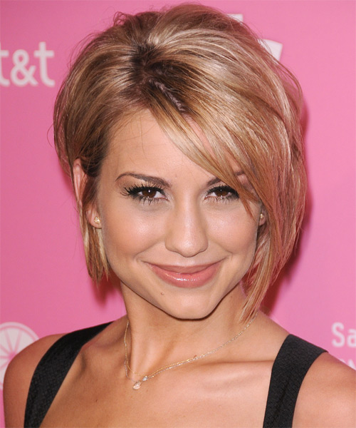 Chelsea Kane Short Straight    Champagne Blonde Bob  Haircut with Side Swept Bangs  and Light Blonde Highlights