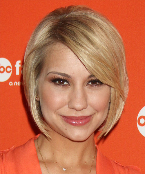 Chelsea Kane Short Straight Layered   Blonde Bob  Haircut with Side Swept Bangs  and Light Blonde Highlights