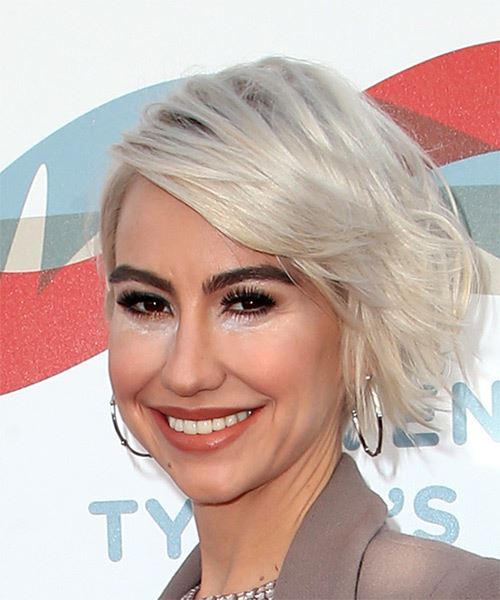 Chelsea Kane Short Wavy   Light Ash Blonde Bob  Haircut with Side Swept Bangs - side view