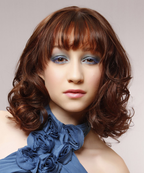 Medium Wavy    Auburn Brunette  Hairstyle with Layered Bangs
