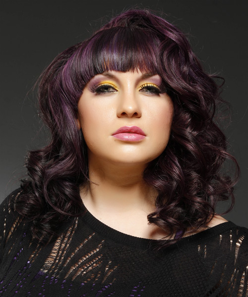 Mid-Length Dark Purple Curls With Asymmetrical Bangs - side view