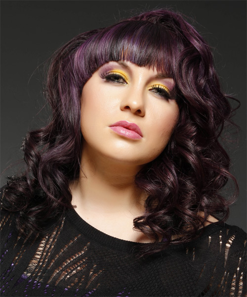 Mid-Length Dark Purple Curls With Asymmetrical Bangs - side on view