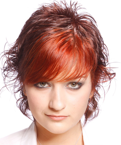 Short Red Mullet Hairstyle With Side Swept Bangs