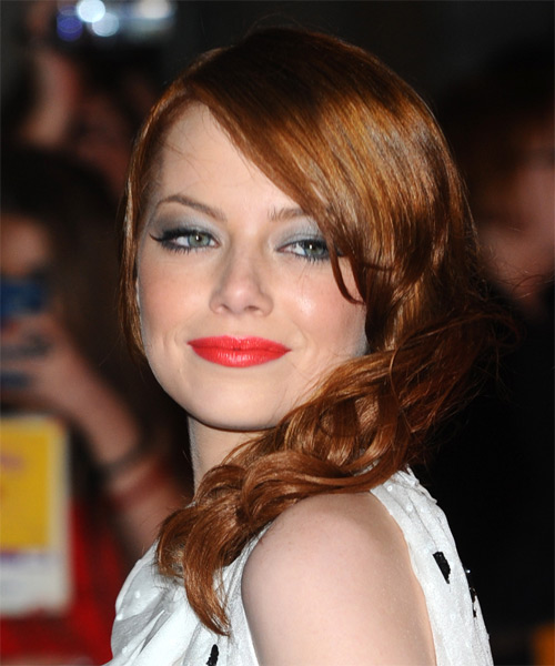Emma Stone Long Wavy    Copper Brunette   Hairstyle - side on view