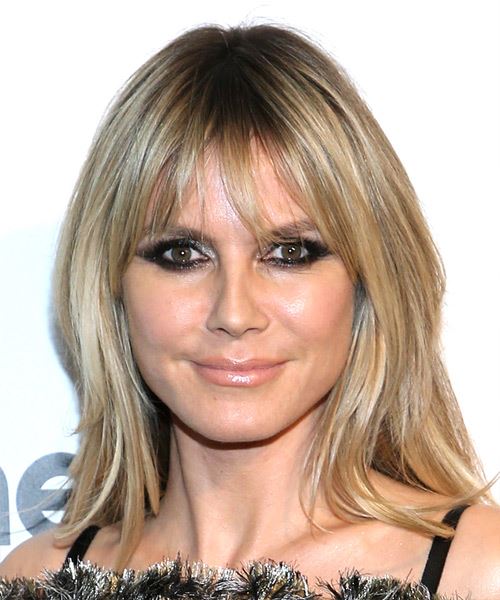 Heidi Klum Long Straight    Caramel Blonde   Hairstyle with Blunt Cut Bangs