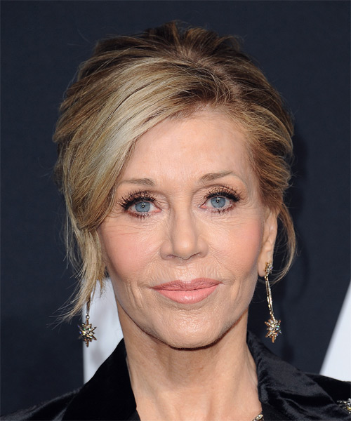 Jane Fonda Medium Straight   Light Brunette  Updo Hairstyle with Side Swept Bangs  and Light Blonde Highlights